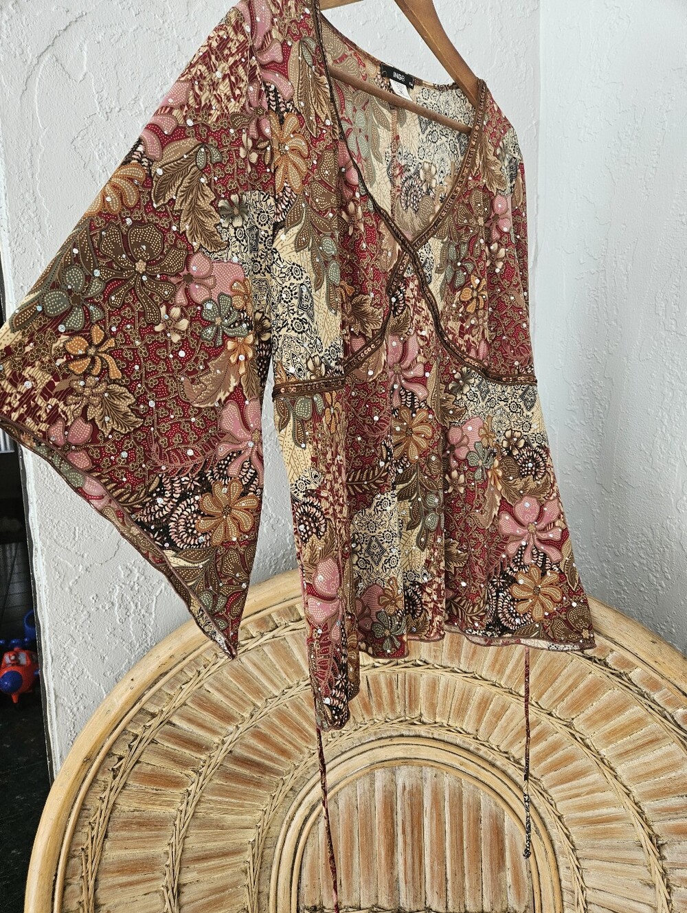 Vtg Ing+ USA Y2k Boho Women 3X Flowy Floral Sequin Festival Feminine Blouse - Picture 5 of 13